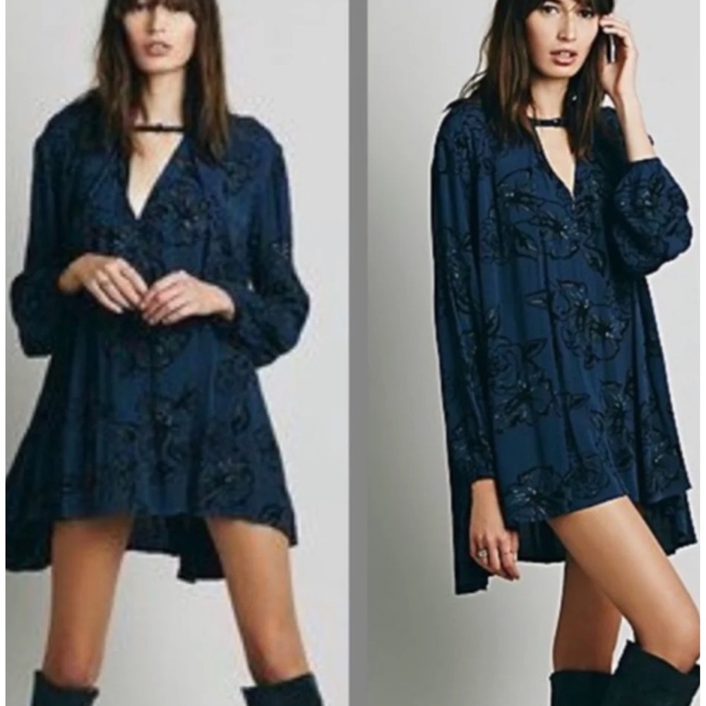 Free People Blue Floral Metallic Tunic Dress Long Sleeve Boho Mini Size Large